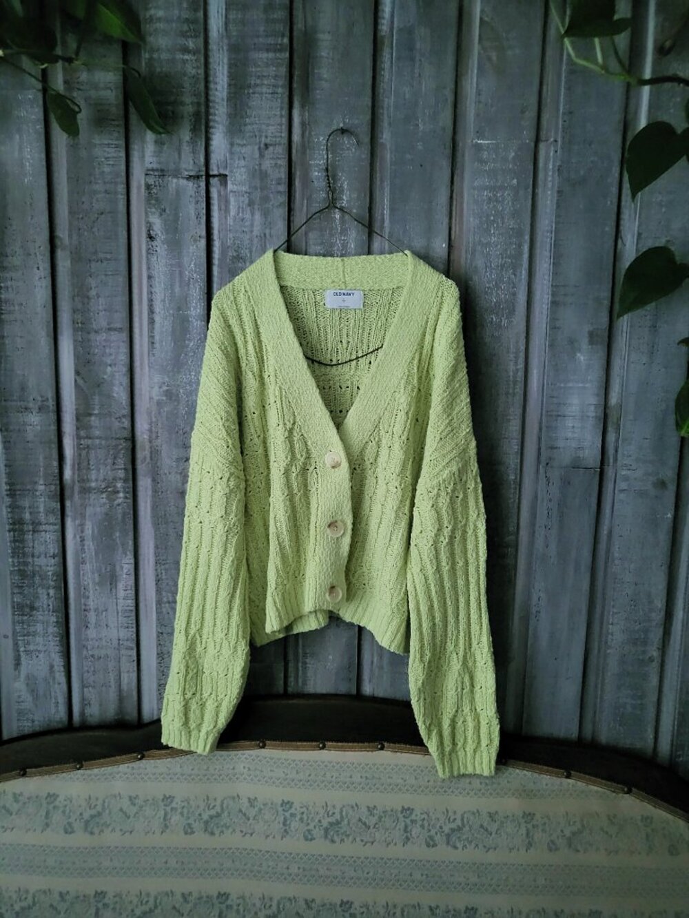 Old Navy Lime Green Beachy Cardi Cable Knit Cropped Cardigan S Oversized Fit